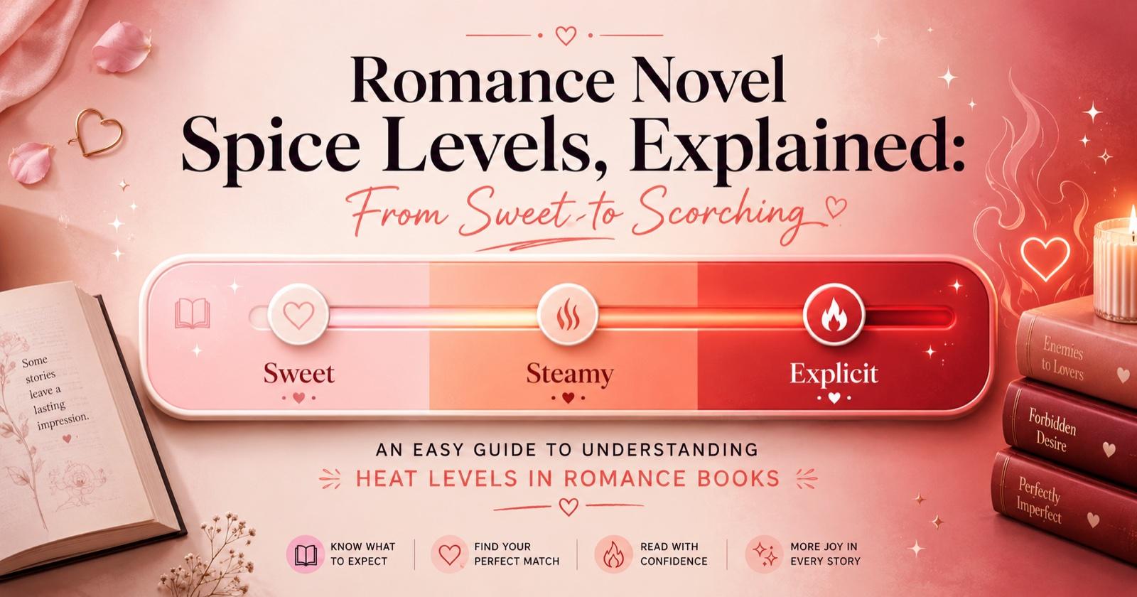 A rose-pink heat slider from Sweet to Steamy to Explicit — the Audira guide to romance spice levels, with petals, candlelight, and a stack of red romance novels