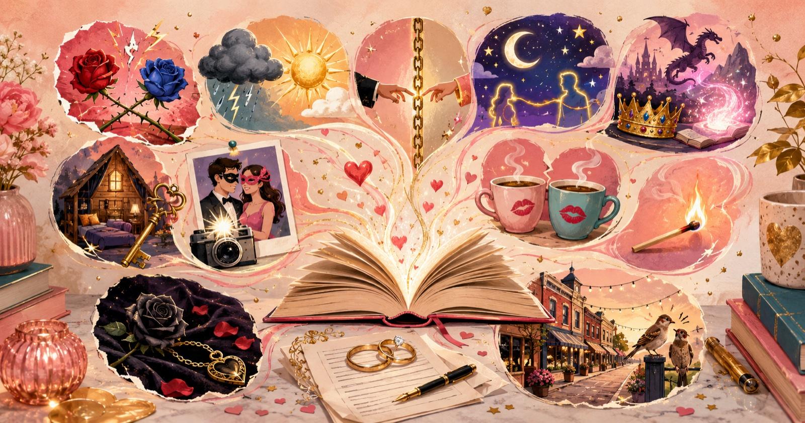 Watercolor collage of twelve romance-trope vignettes swirling from an open book — crossed roses, storm and sun, wax-sealed letters, coffee cups, a crown, and a dragon