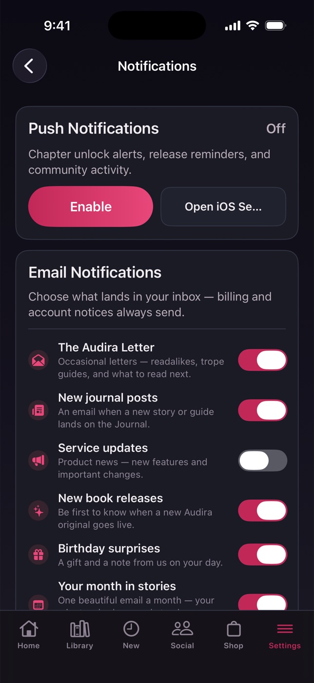 Push and per‑topic email controls