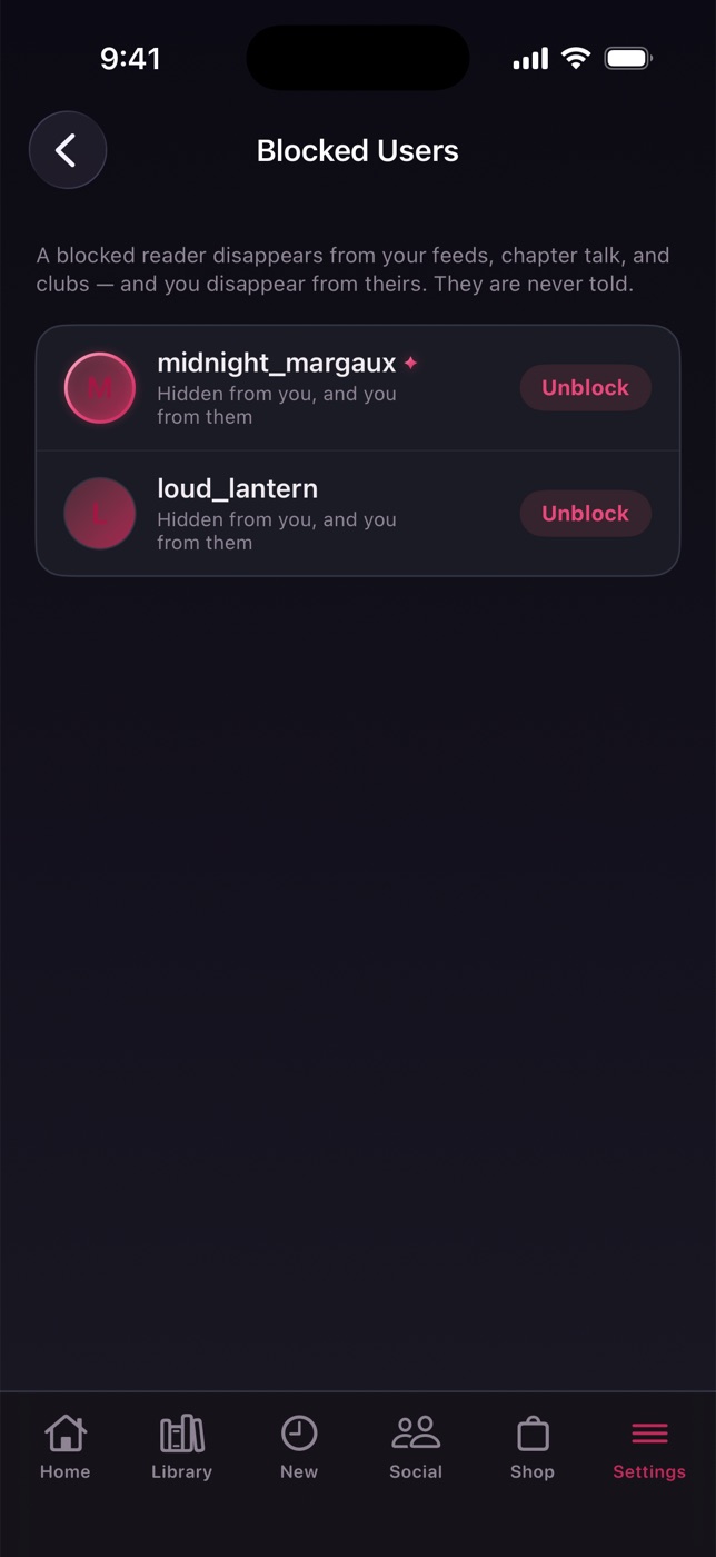 Blocked Users, with one‑tap unblock